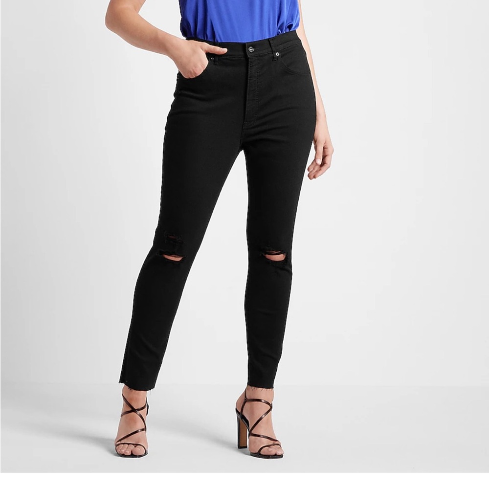 High Waisted Black Ripped Raw Hem Supersoft Skinny Jeans